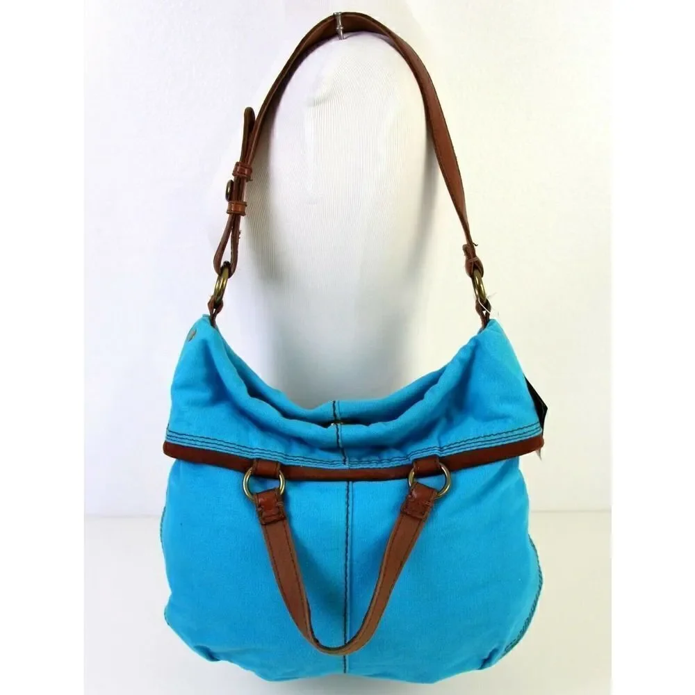 LUCKY BRAND BANDIT FOLDOVER BLUE COTTON BROWN LEATHER TOTE SHOULDER BAG HANDBAG